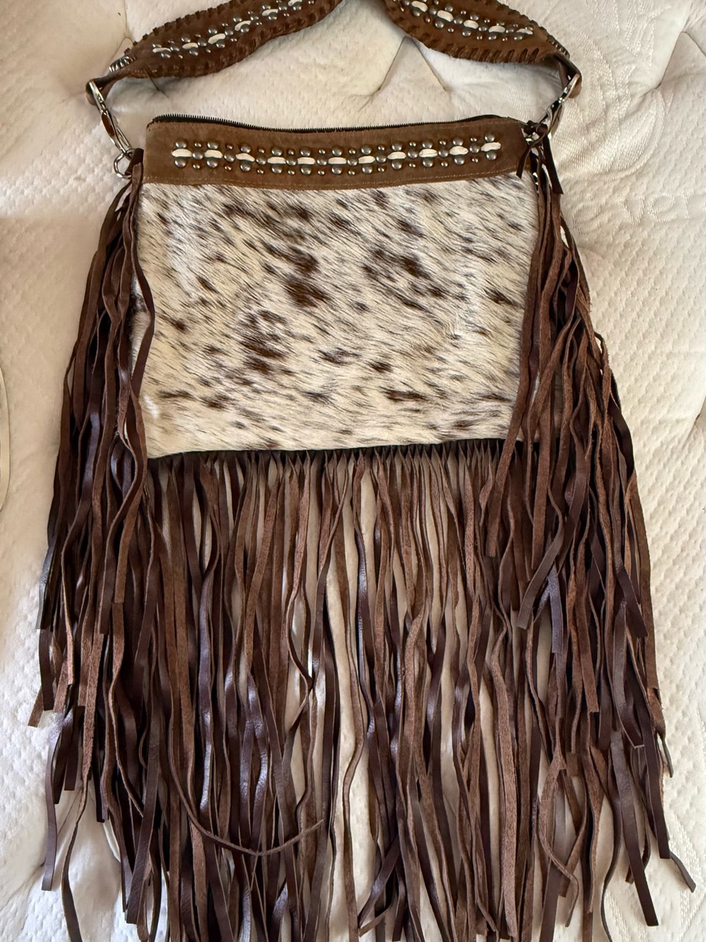 Boho Brown Fringe Shoulder Bag with Cowhide Panel